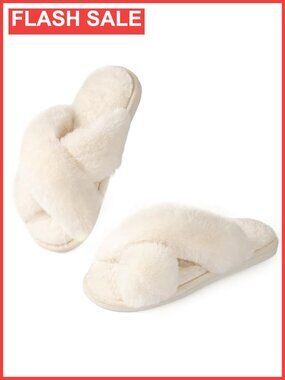 Memory Foam Fuzzy Open Toe Slide Slippers Cross Band Comfort